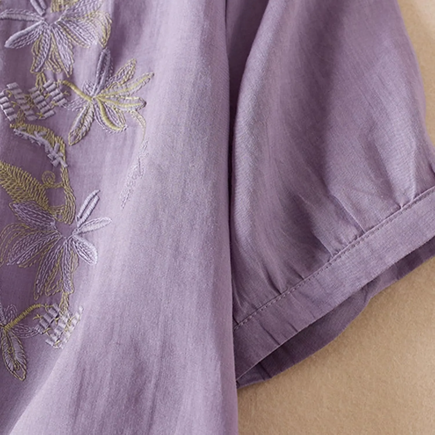 Women's Embroidery Tops 3/4 Sleeves Cotton Linen Shirts Button Down Tunic Blouse Lightweight V Neck Boho Vintage Tees