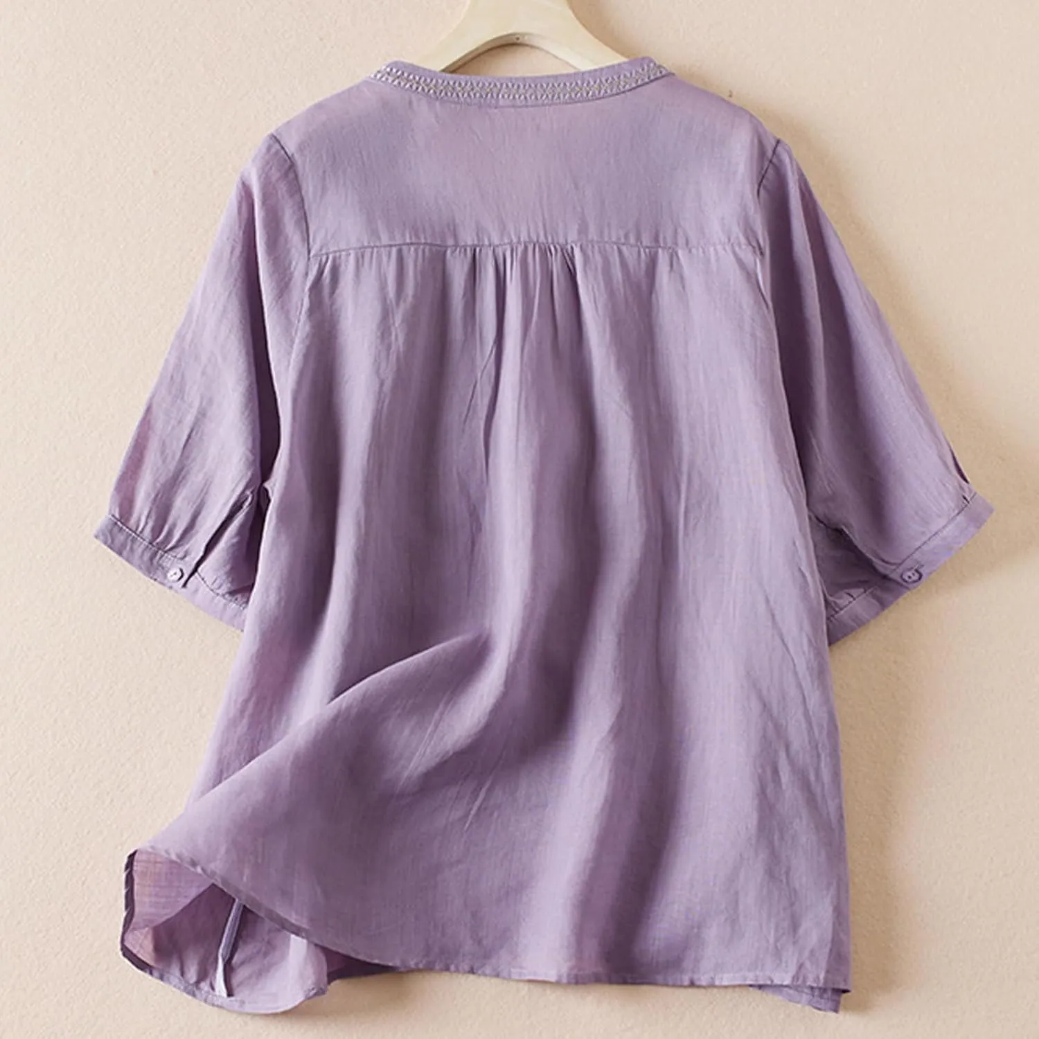 Women's Embroidery Tops 3/4 Sleeves Cotton Linen Shirts Button Down Tunic Blouse Lightweight V Neck Boho Vintage Tees