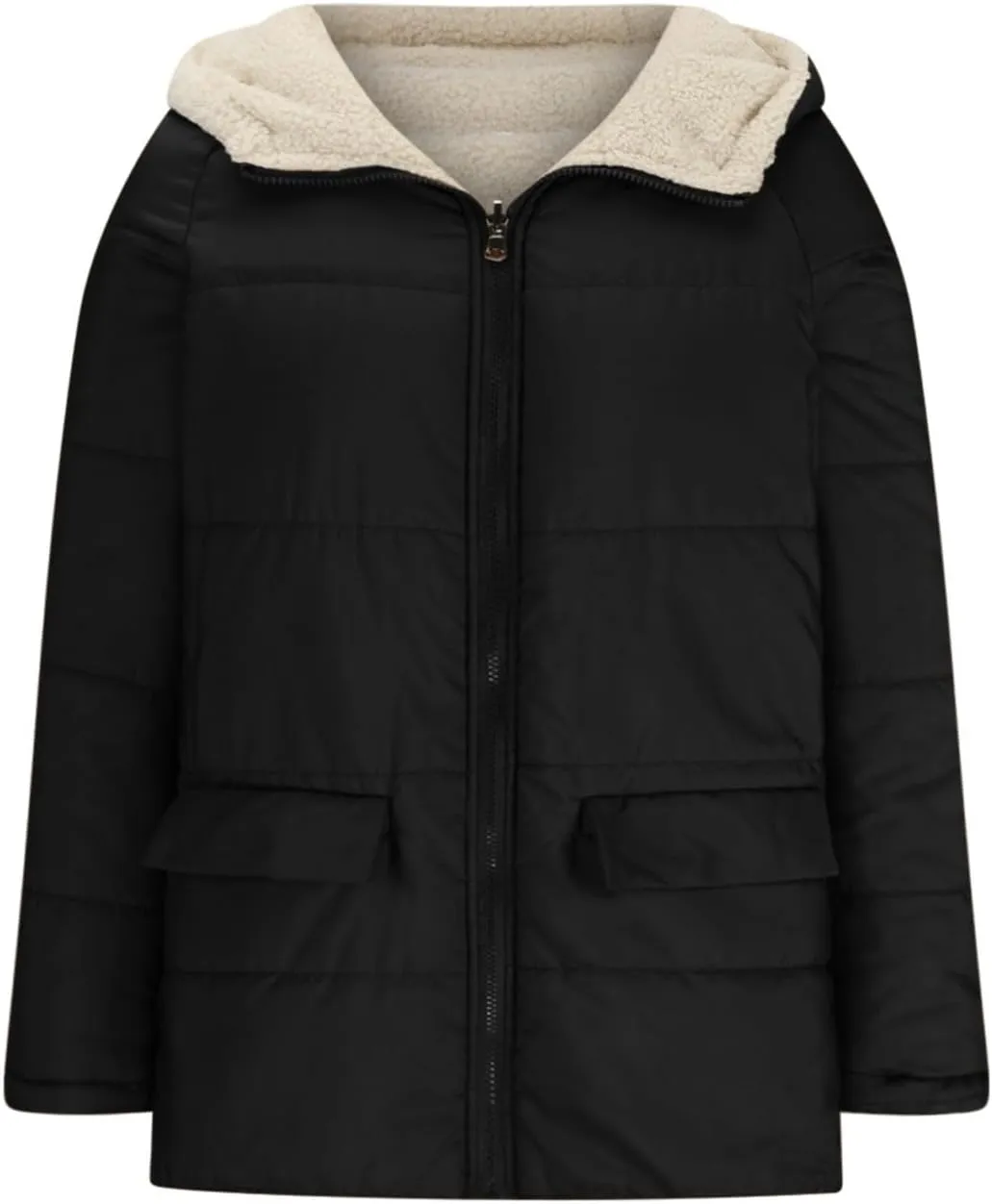 Women's Fall Winter Sherpa Jacket Warm Long Sleeve Full Zip Fleece Lined Hooded Jacket Coat Outerwear with Pockets