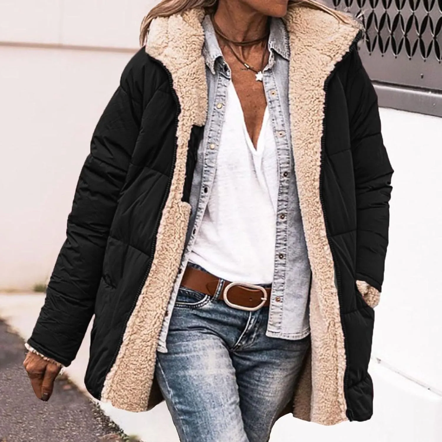 Women's Fall Winter Sherpa Jacket Warm Long Sleeve Full Zip Fleece Lined Hooded Jacket Coat Outerwear with Pockets