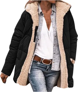 Women's Fall Winter Sherpa Jacket Warm Long Sleeve Full Zip Fleece Lined Hooded Jacket Coat Outerwear with Pockets