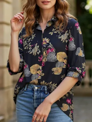 Wrinkle Resistant Weave LightweightFabric Women's Floral Print Button-Down Collar Shirt