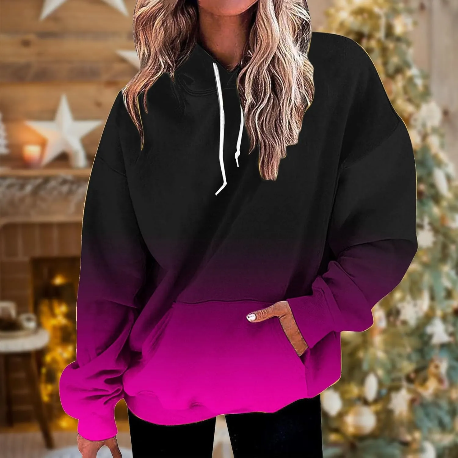 Women's Gradient Color Oversized Sweatshirts Pullover Tops Casual Loose Drawstring Long Sleeve Hoodies Shirts