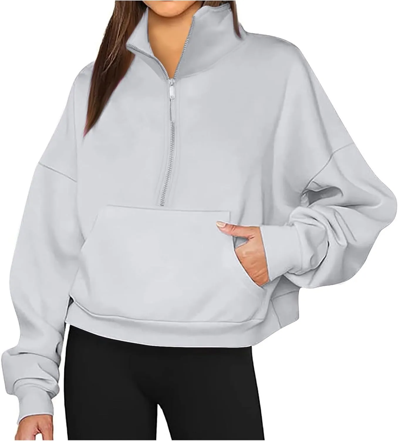 Women's Half Zip Oversized Sweatshirts Long Sleeve Trendy Cropped Pullover Workout Warm Tops with Pockets