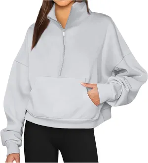 Women's Half Zip Oversized Sweatshirts Long Sleeve Trendy Cropped Pullover Workout Warm Tops with Pockets
