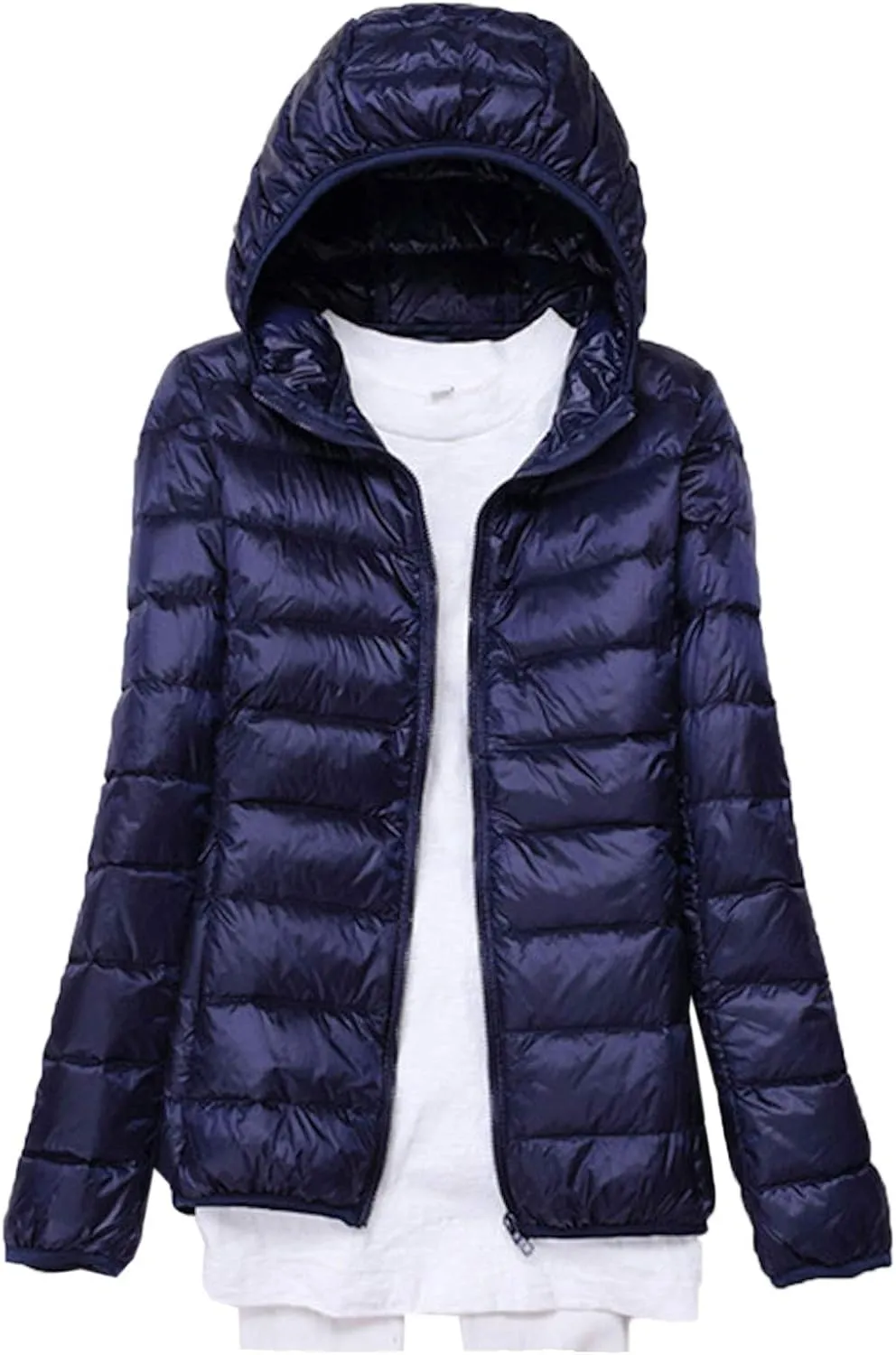 Womens Hooded Down Jacket Lightweight Duck Down Puffer Jacket Packable Dark Blue 7XL