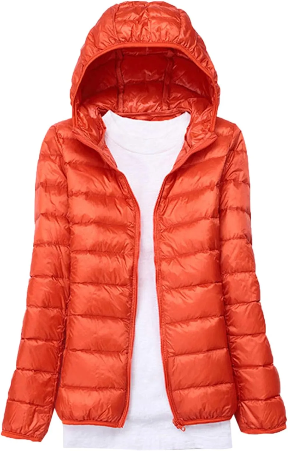 Womens Hooded Down Jacket Lightweight Duck Down Puffer Jacket Packable Orange 3XL