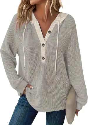 Womens Hoodies Pullover Waffle Knit Casual Drawstring Sweatshirt Button V Neck Long Sleeve Hoodie Sweatshirt Tops