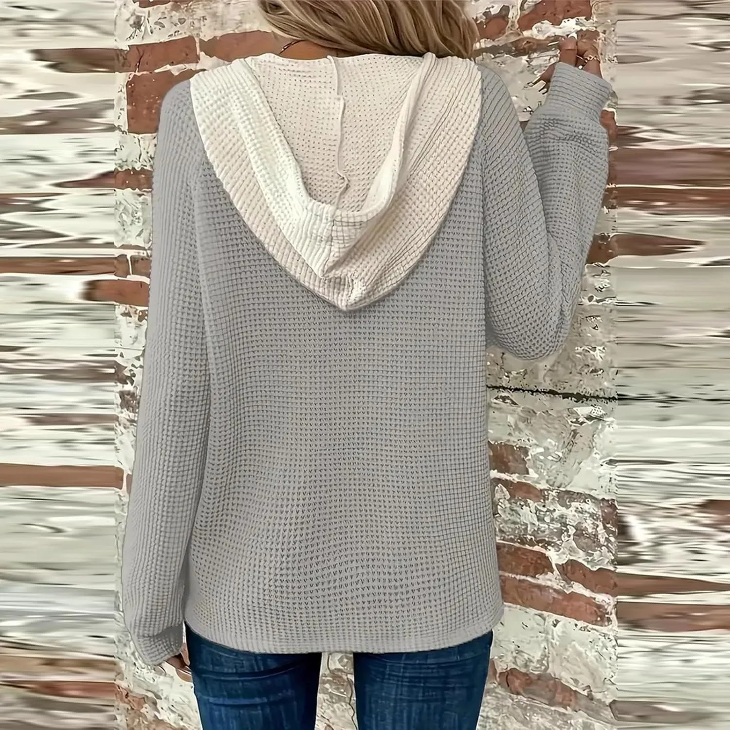 Womens Hoodies Pullover Waffle Knit Casual Drawstring Sweatshirt Button V Neck Long Sleeve Hoodie Sweatshirt Tops