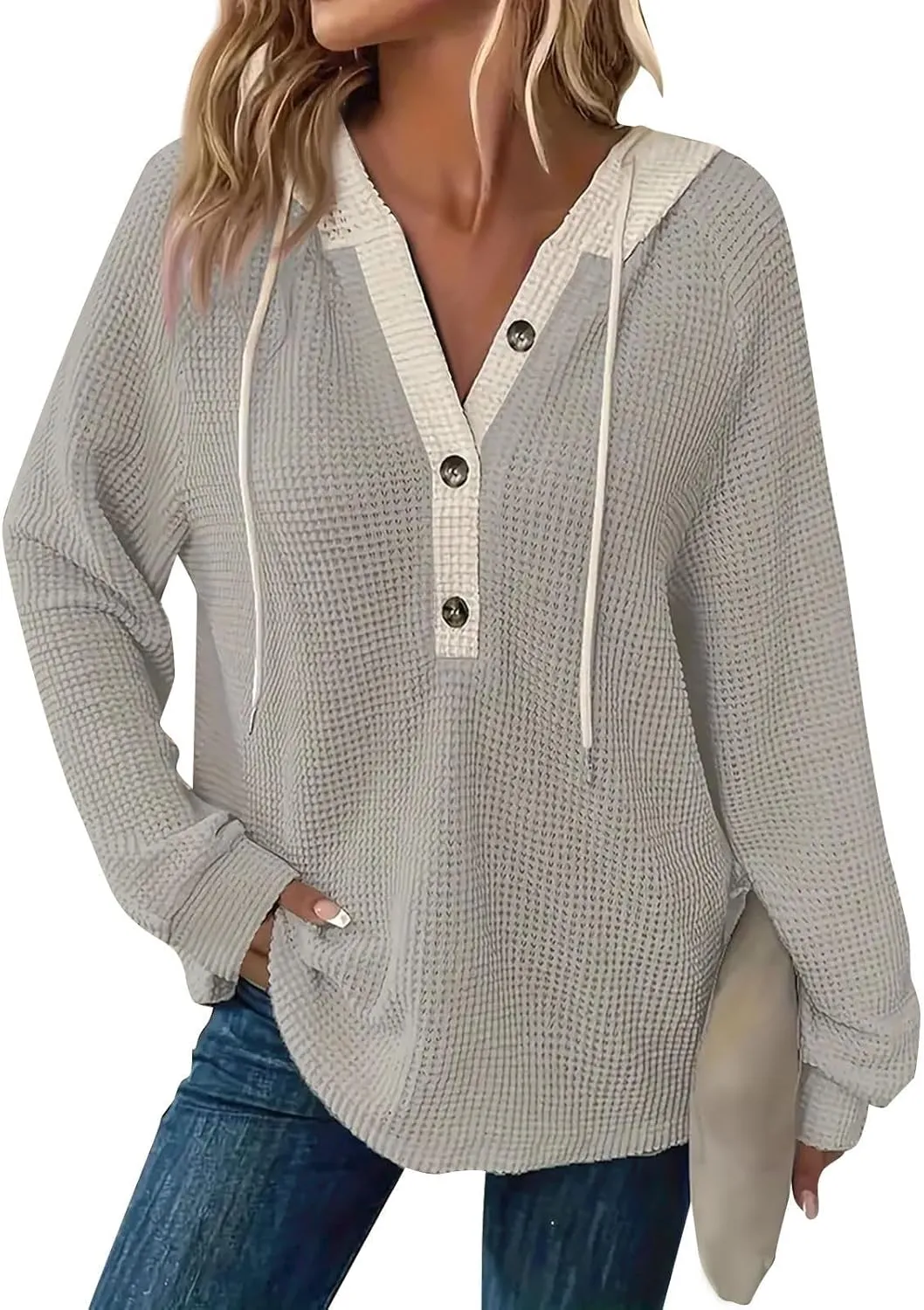 Womens Hoodies Pullover Waffle Knit Casual Drawstring Sweatshirt Button V Neck Long Sleeve Hoodie Sweatshirt Tops