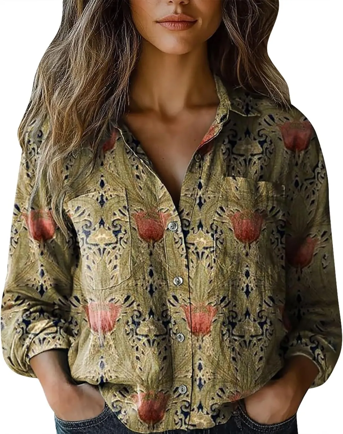 Womens Linen Button Down Shirts Vintage V Neck Floral Printed Boho Long Sleeve Blouses Dressy Casual Summer Top