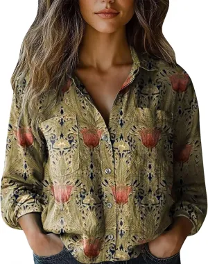 Womens Linen Button Down Shirts Vintage V Neck Floral Printed Boho Long Sleeve Blouses Dressy Casual Summer Top