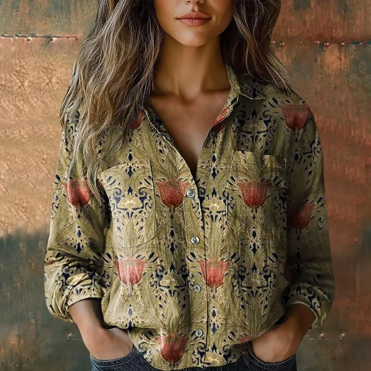 Womens Linen Button Down Shirts Vintage V Neck Floral Printed Boho Long Sleeve Blouses Dressy Casual Summer Top