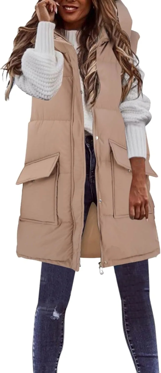 Womens Long Puffer Vest Coats Vest Hooded Sleeveless Warm Cotton Coat with Pockets Winter Outerwear Vests with