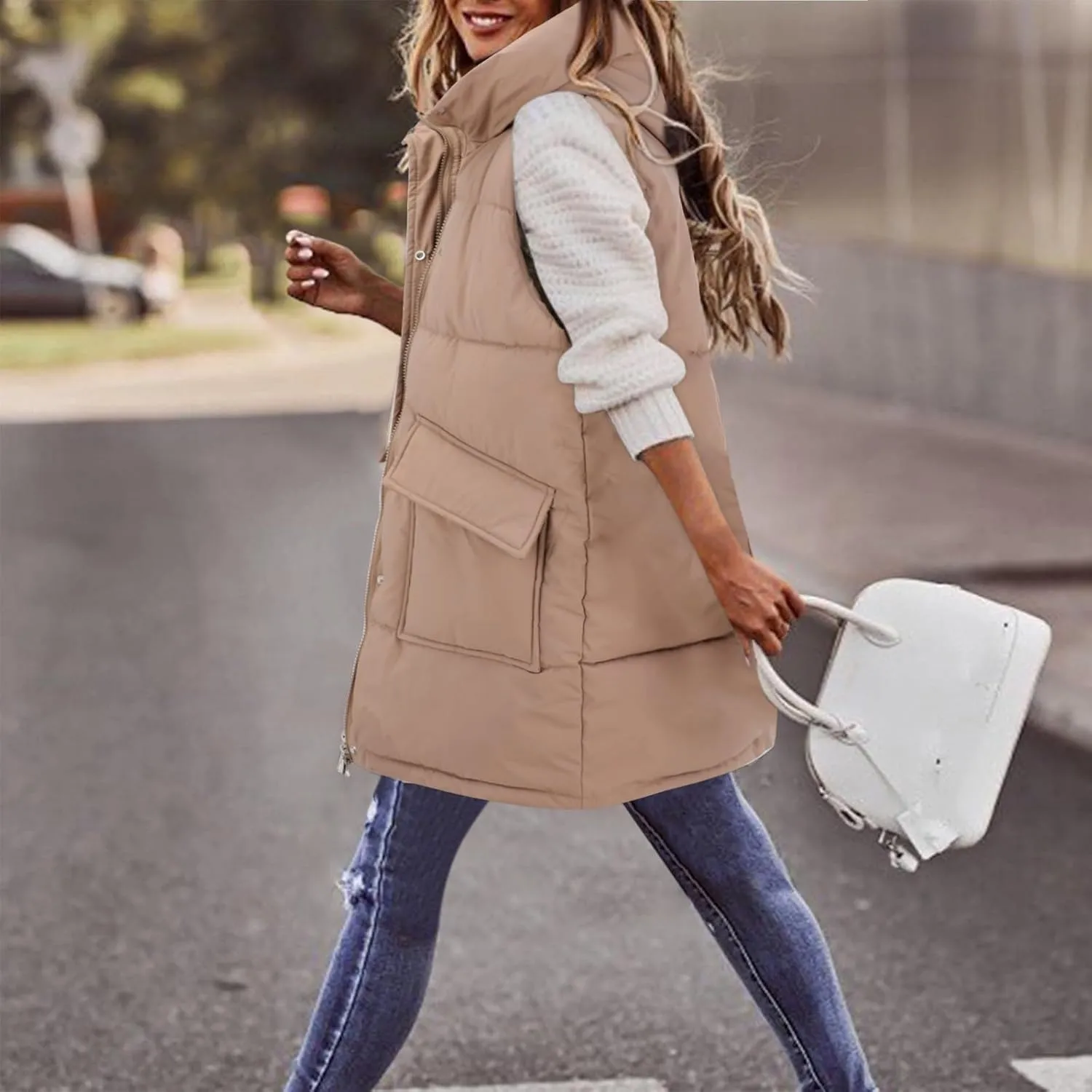 Womens Long Puffer Vest Coats Vest Hooded Sleeveless Warm Cotton Coat with Pockets Winter Outerwear Vests with
