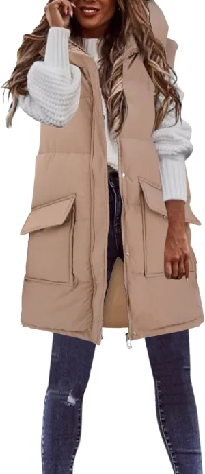 Womens Long Puffer Vest Coats Vest Hooded Sleeveless Warm Cotton Coat with Pockets Winter Outerwear Vests with