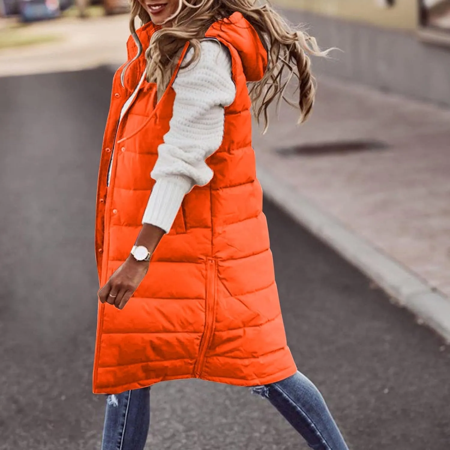 Womens Long Puffer Vest Sleeveless Quilted Hooded Down Coat Lightweight Oversized Jackets Fall Winter Warm Outerwear