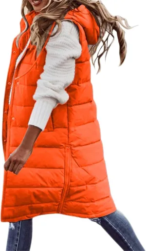 Womens Long Puffer Vest Sleeveless Quilted Hooded Down Coat Lightweight Oversized Jackets Fall Winter Warm Outerwear