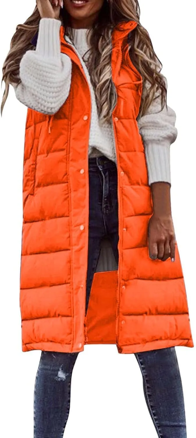Womens Long Puffer Vest Sleeveless Quilted Hooded Down Coat Lightweight Oversized Jackets Fall Winter Warm Outerwear