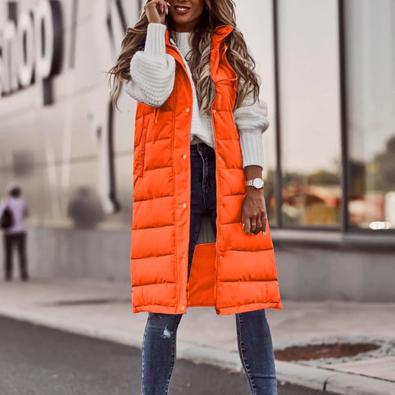 Womens Long Puffer Vest Sleeveless Quilted Hooded Down Coat Lightweight Oversized Jackets Fall Winter Warm Outerwear