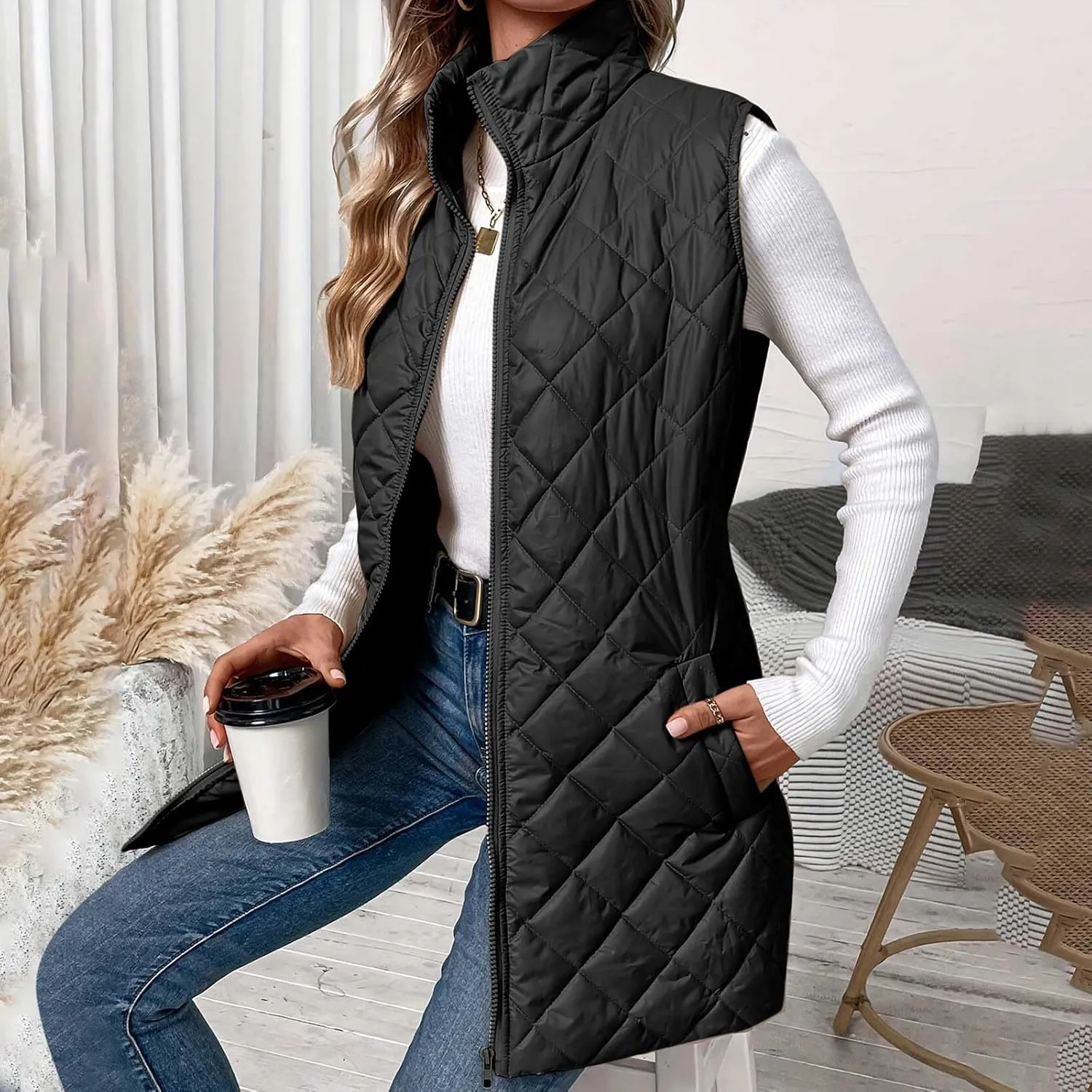 Womens Long Puffer Vest Zip up Stand Collar Padded Gilet Sleeveless Quilted Down Jacket Winter Warm Waistcoat