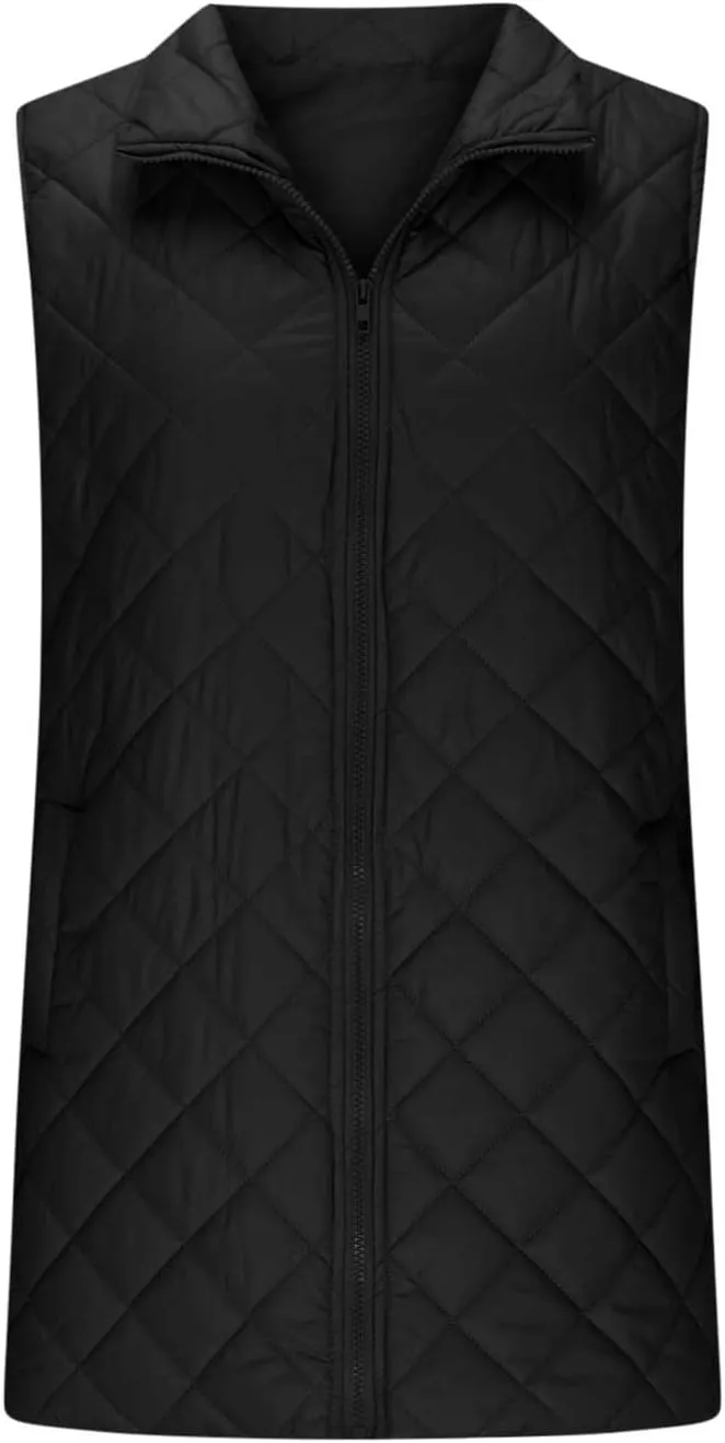 Women's Long Quilted Vest Winter Sleeveless Coat Fluffy Down Vests Zip Up Puffer Jacket Stand Collar Lightweight Vest