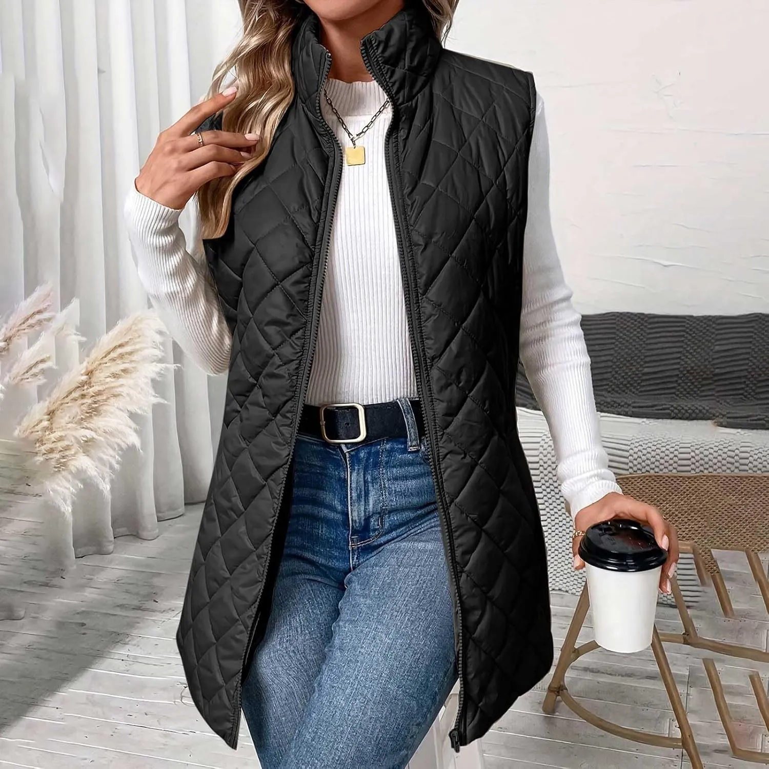 Women's Long Quilted Vest Winter Sleeveless Coat Fluffy Down Vests Zip Up Puffer Jacket Stand Collar Lightweight Vest