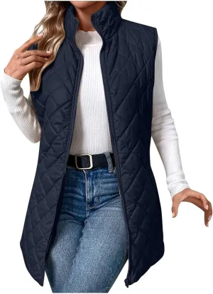 Women's Long Quilted Vest Winter Sleeveless Coat Fluffy Down Vests Zip Up Puffer Jacket Stand Collar Lightweight Vest
