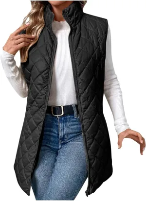 Women's Long Quilted Vest Winter Sleeveless Coat Fluffy Down Vests Zip Up Puffer Jacket Stand Collar Lightweight Vest
