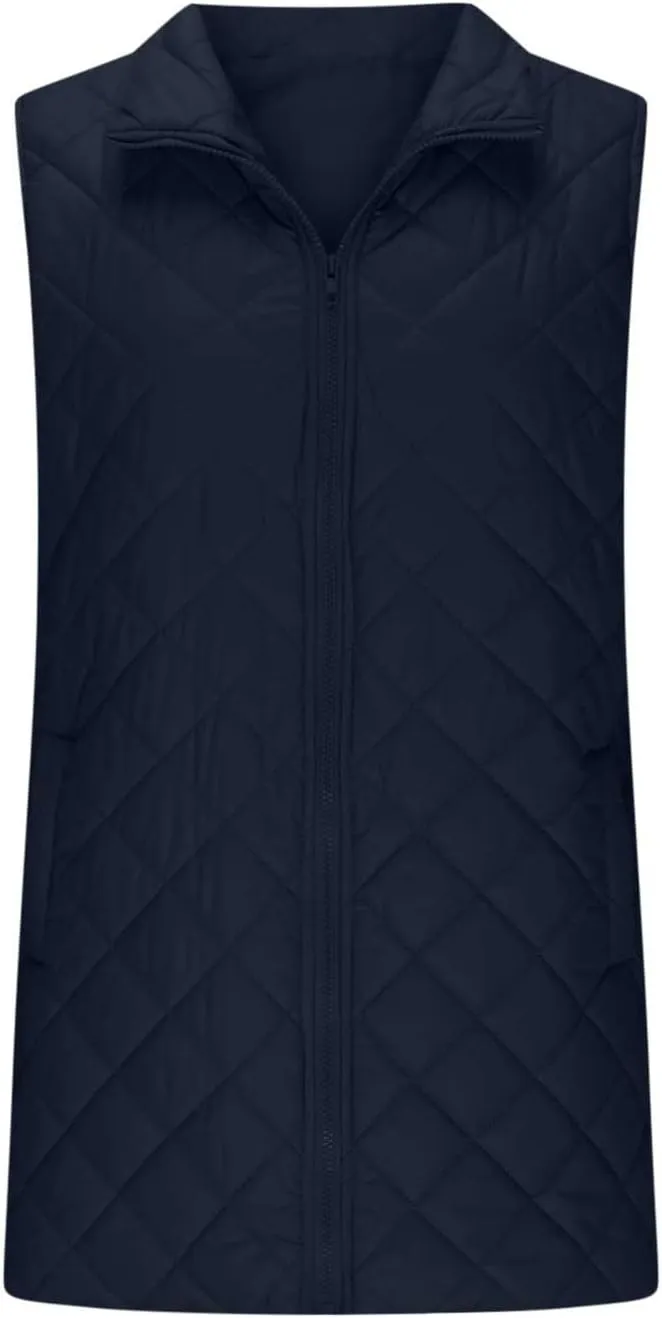 Women's Long Quilted Vest Winter Sleeveless Coat Fluffy Down Vests Zip Up Puffer Jacket Stand Collar Lightweight Vest