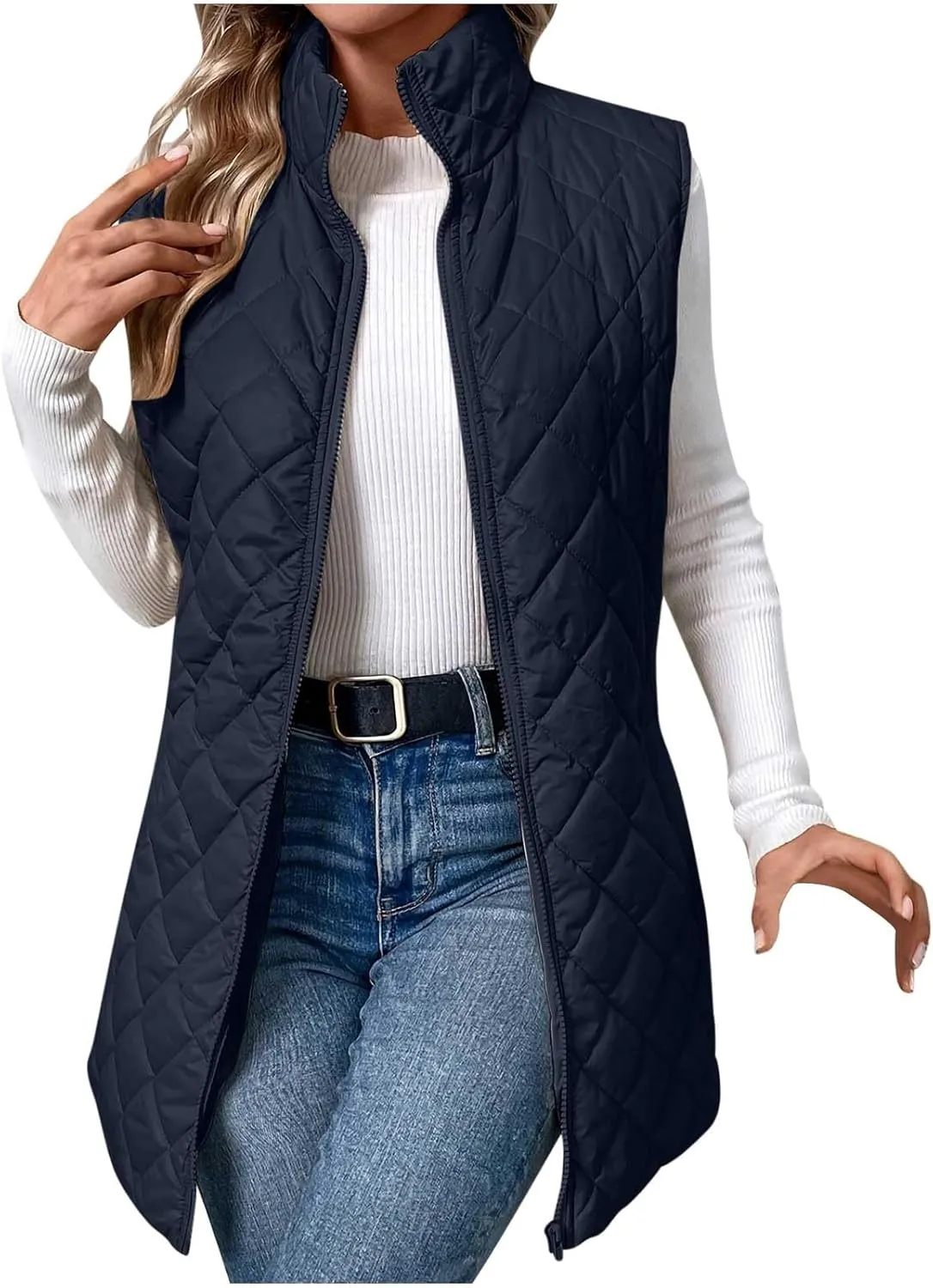 Women's Long Quilted Vest Winter Sleeveless Coat Fluffy Down Vests Zip Up Puffer Jacket Stand Collar Lightweight Vest