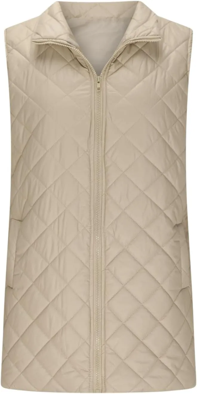 Women's Long Quilted Vest Winter Sleeveless Coat Fluffy Down Vests Zip Up Puffer Jacket Stand Collar Lightweight Vest