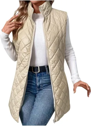 Women's Long Quilted Vest Winter Sleeveless Coat Fluffy Down Vests Zip Up Puffer Jacket Stand Collar Lightweight Vest