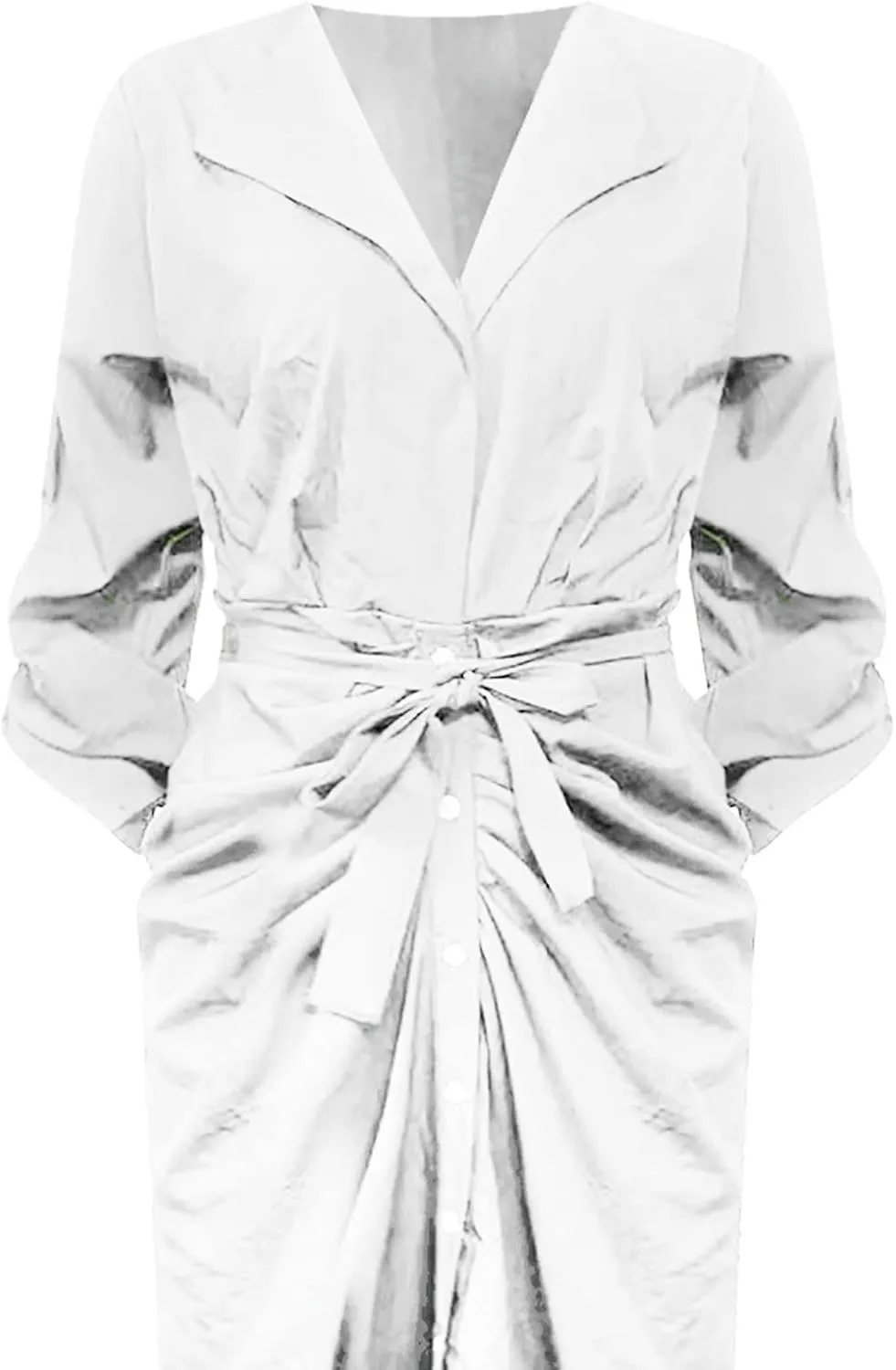 Women's Long Sleeve Button Down Ruched Maxi T-Shirts Dress Solid Plain Bodycon Long Tshirt Shirts Dresses with Belt