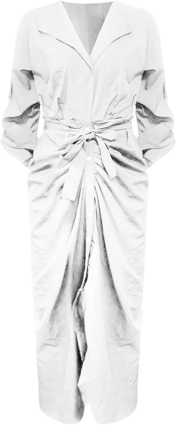 Women's Long Sleeve Button Down Ruched Maxi T-Shirts Dress Solid Plain Bodycon Long Tshirt Shirts Dresses with Belt