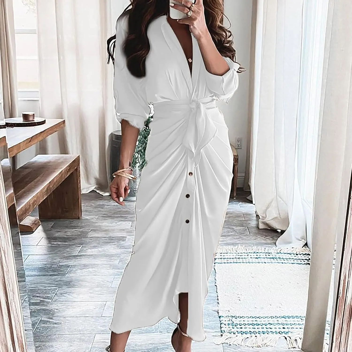 Women's Long Sleeve Button Down Ruched Maxi T-Shirts Dress Solid Plain Bodycon Long Tshirt Shirts Dresses with Belt