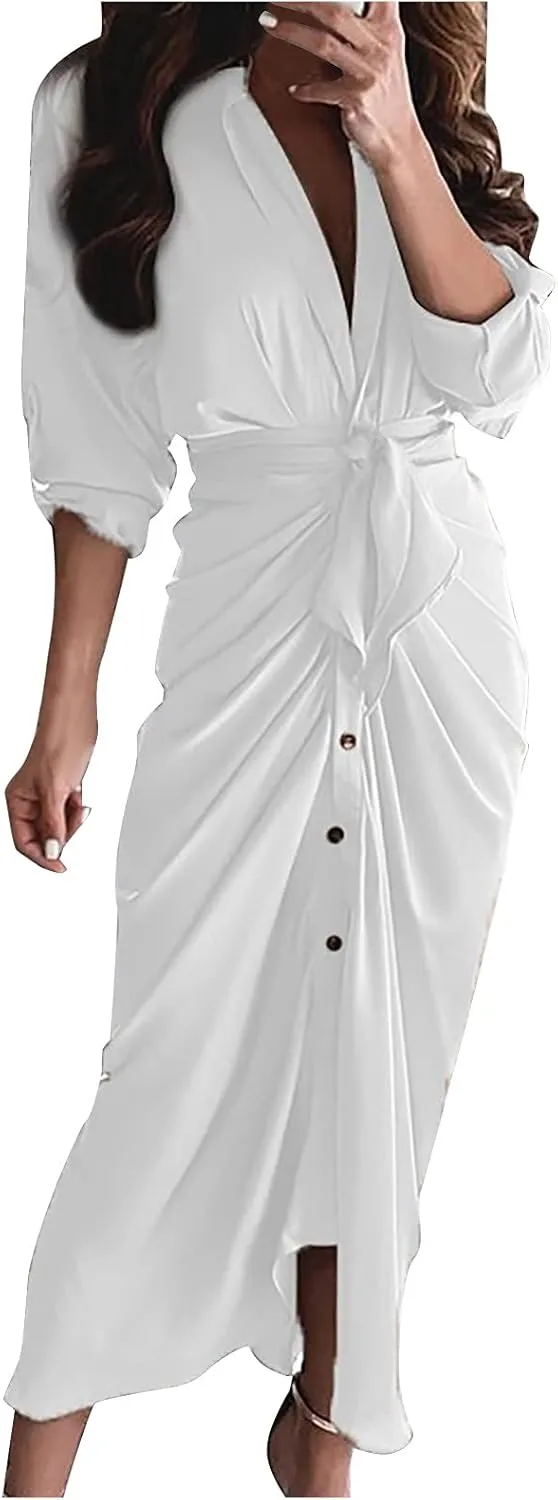 Women's Long Sleeve Button Down Ruched Maxi T-Shirts Dress Solid Plain Bodycon Long Tshirt Shirts Dresses with Belt