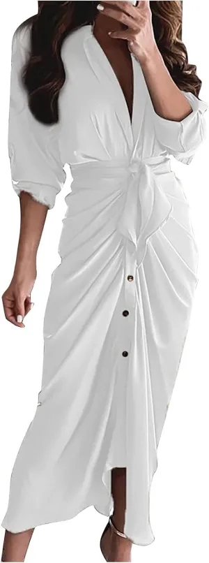 Women's Long Sleeve Button Down Ruched Maxi T-Shirts Dress Solid Plain Bodycon Long Tshirt Shirts Dresses with Belt