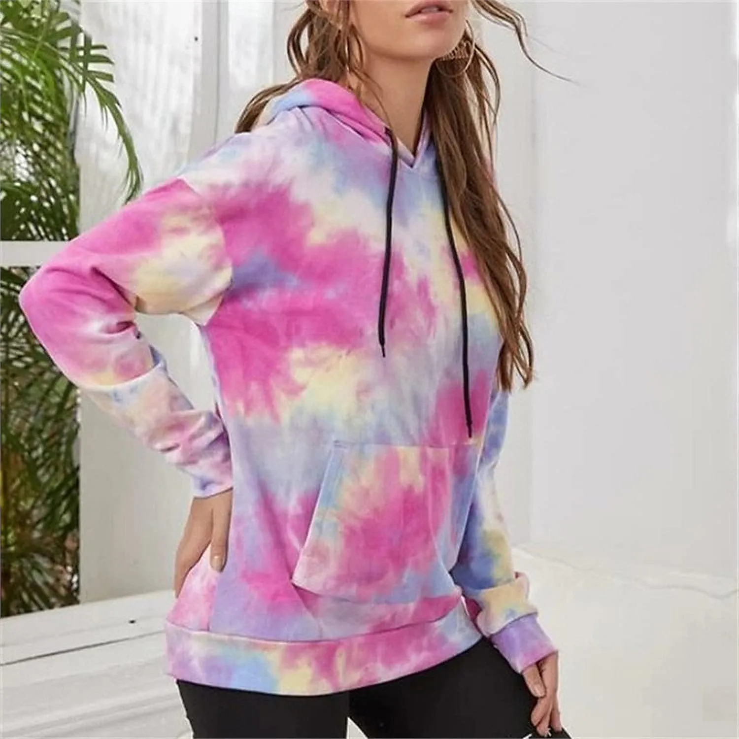 Women's Long Sleeve Printed Hoodie Drawstring Hoodies Tops Tie Dye Printed Pullover Sweatshirts with Pockets