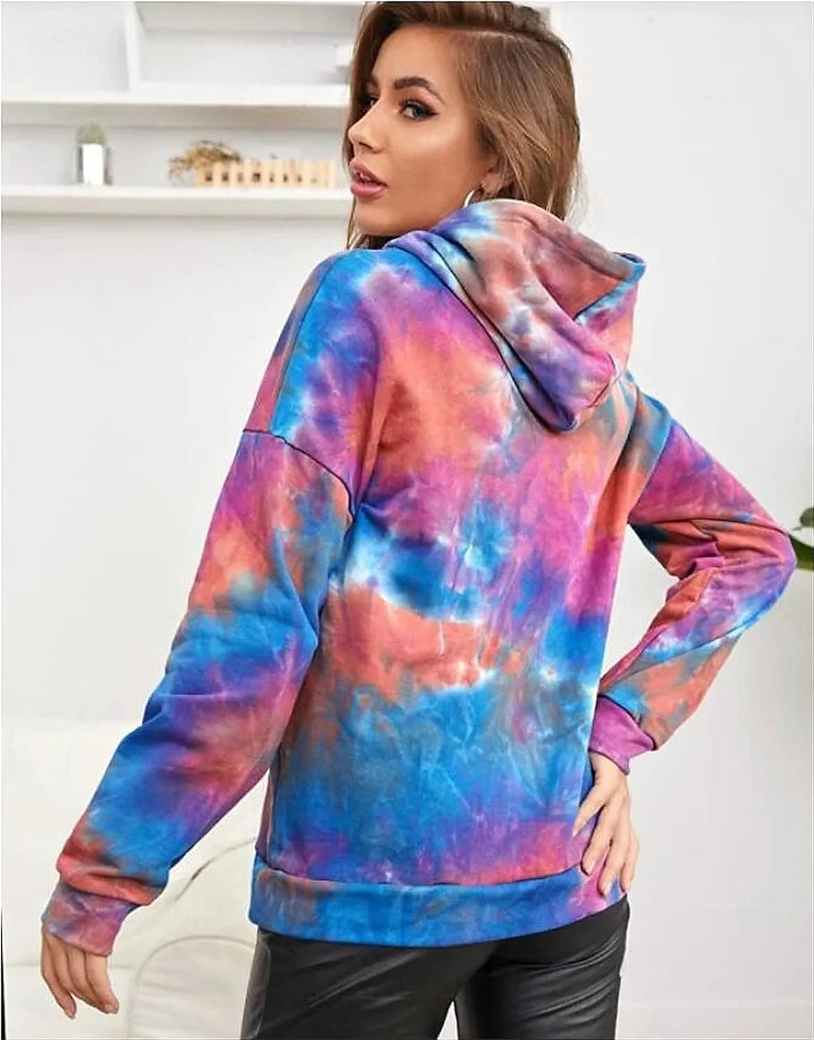 Women's Long Sleeve Printed Hoodie Drawstring Hoodies Tops Tie Dye Printed Pullover Sweatshirts with Pockets