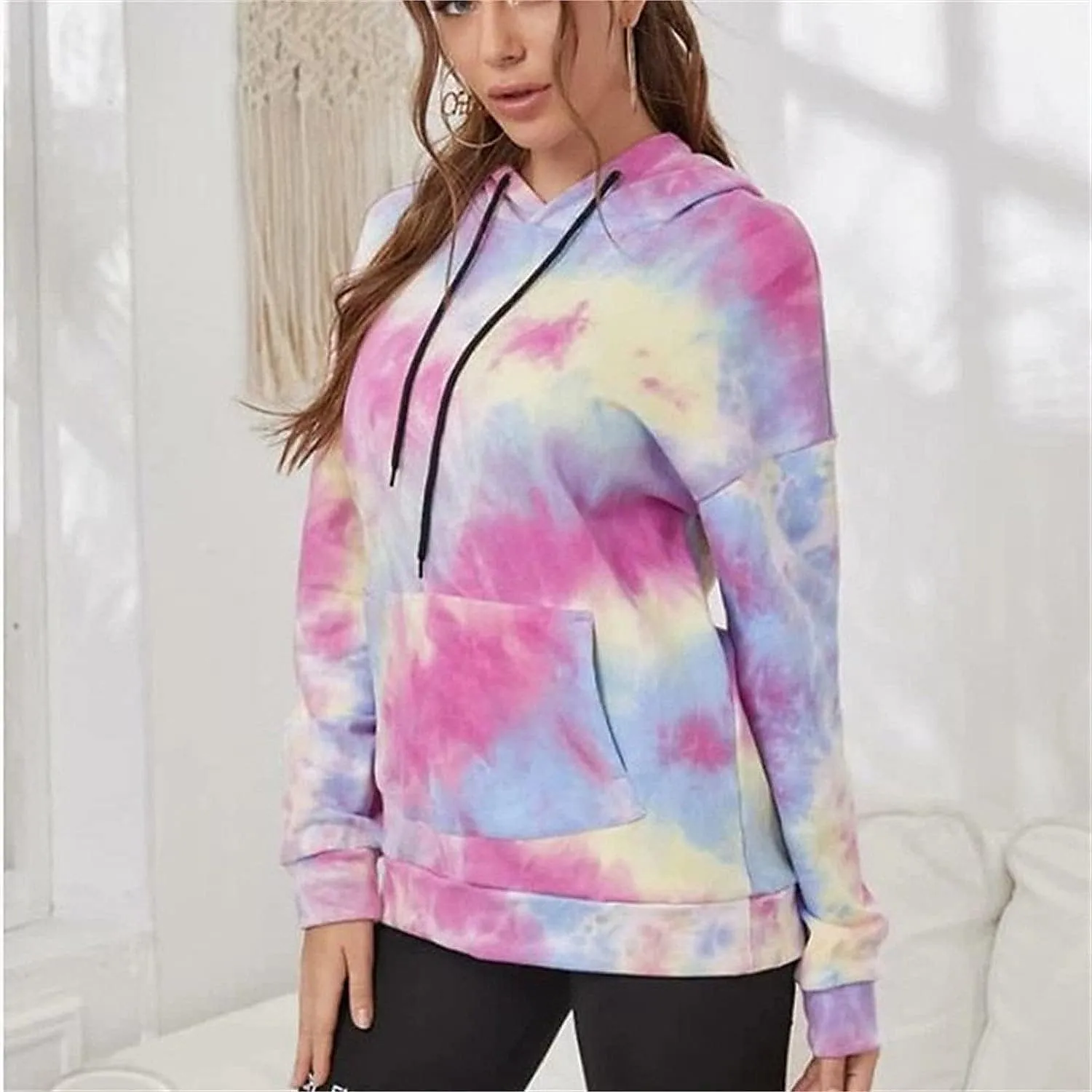 Women's Long Sleeve Printed Hoodie Drawstring Hoodies Tops Tie Dye Printed Pullover Sweatshirts with Pockets