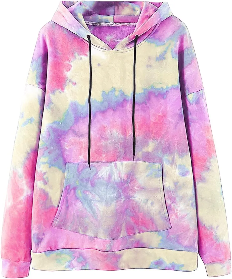 Women's Long Sleeve Printed Hoodie Drawstring Hoodies Tops Tie Dye Printed Pullover Sweatshirts with Pockets