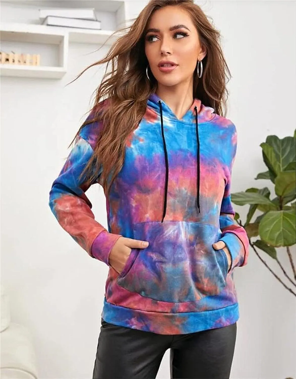 Women's Long Sleeve Printed Hoodie Drawstring Hoodies Tops Tie Dye Printed Pullover Sweatshirts with Pockets