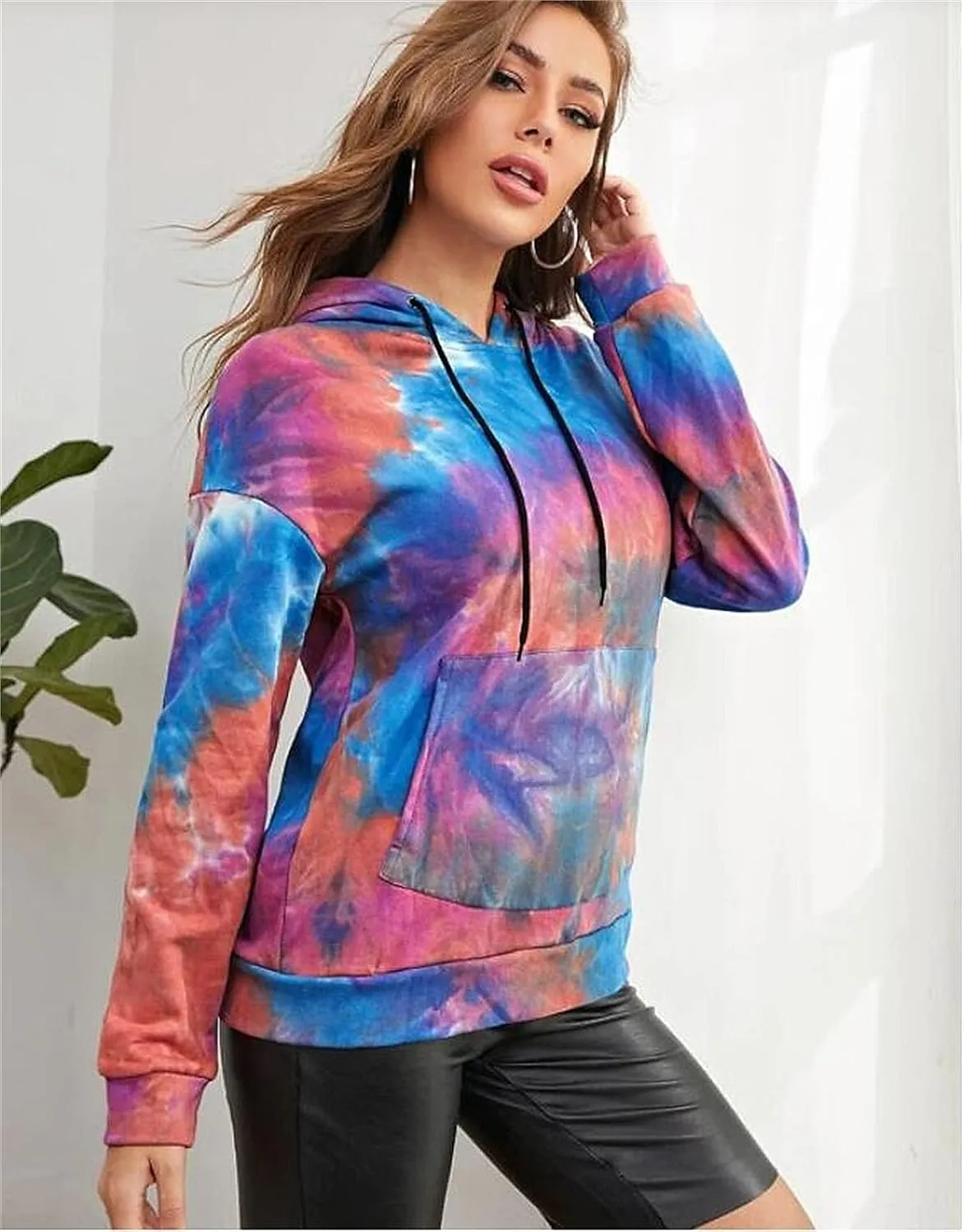 Women's Long Sleeve Printed Hoodie Drawstring Hoodies Tops Tie Dye Printed Pullover Sweatshirts with Pockets
