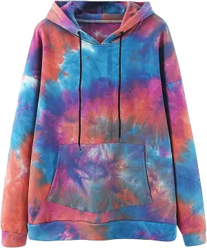 Women's Long Sleeve Printed Hoodie Drawstring Hoodies Tops Tie Dye Printed Pullover Sweatshirts with Pockets