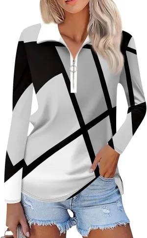 Womens Long Sleeve Tops Fall Fashion Sweatshirts Zipper V-Neck Long Sleeve Shirt Casual Printed Pullover