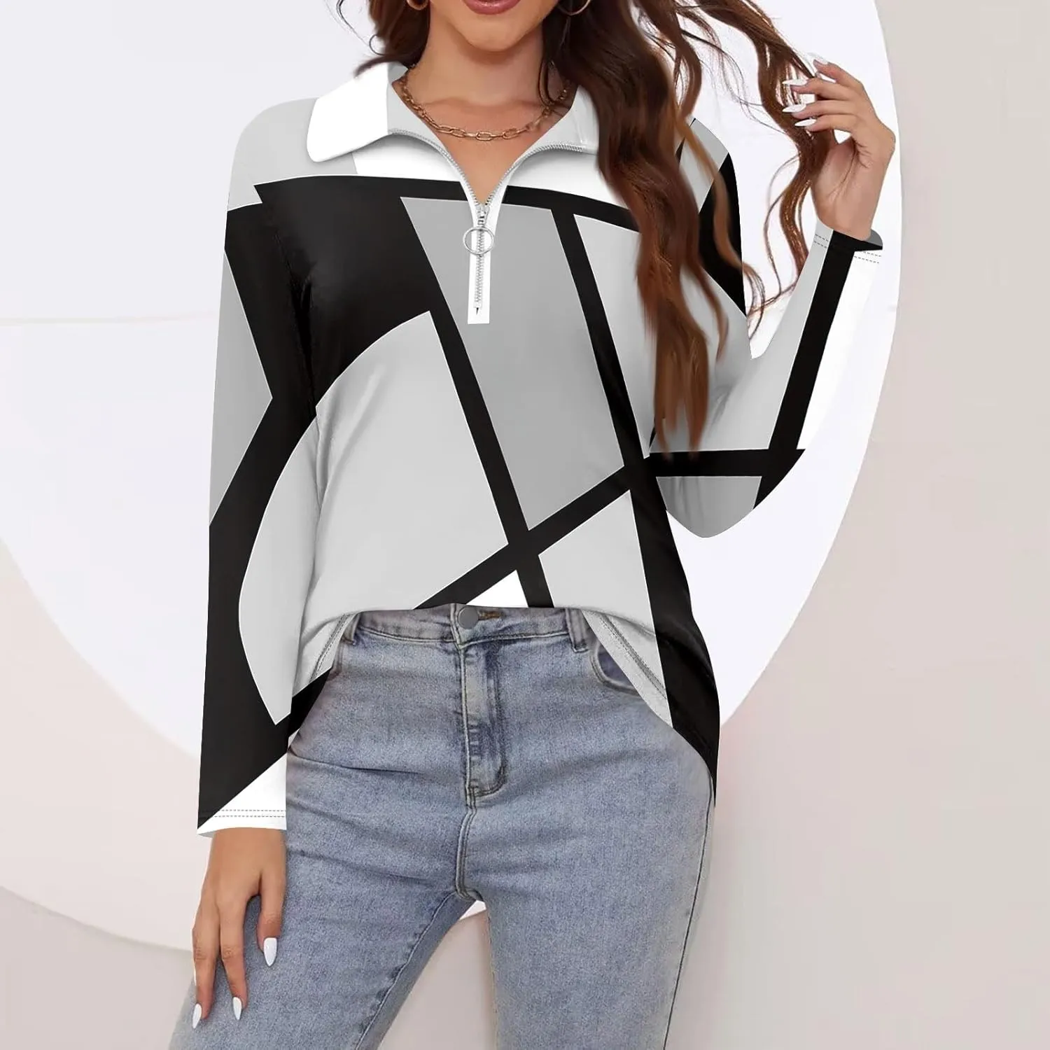 Womens Long Sleeve Tops Fall Fashion Sweatshirts Zipper V-Neck Long Sleeve Shirt Casual Printed Pullover