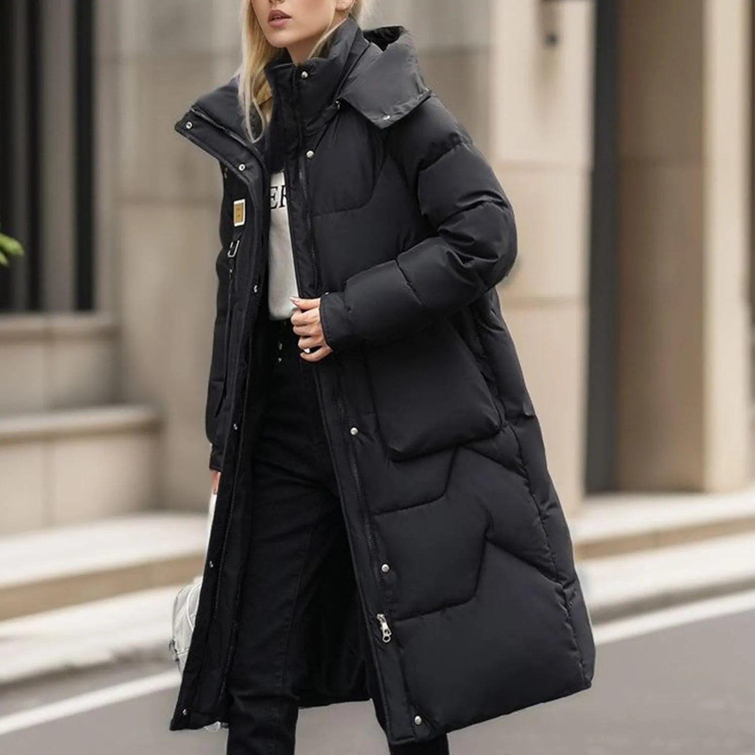Women's Longer Length Cocoon Puffer Coat,Full Zip Hoodies Stand Collar Jacket Women Quilted Padded Coat Winter Outerwear
