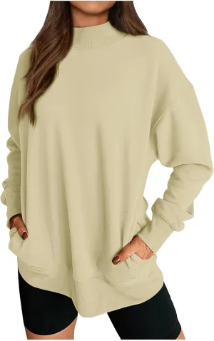 Womens Mock Neck Oversized Sweatshirts with Pockets Fleece Tops Pullover No Hood Sweater for Cold Freezing Weather