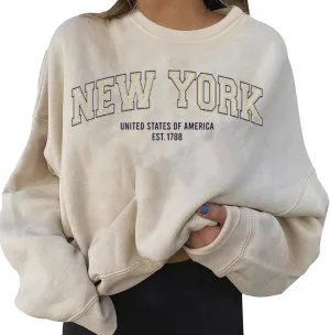 Womens New York Letter Printed Sweatshirt Long Sleeve Crew Neck Casual Pullovers Tops Teen Girls Fall Clothes